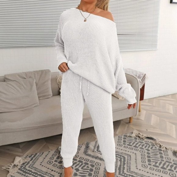 batwing sleeve sweater and knit pants set white - Picture 1 of 6